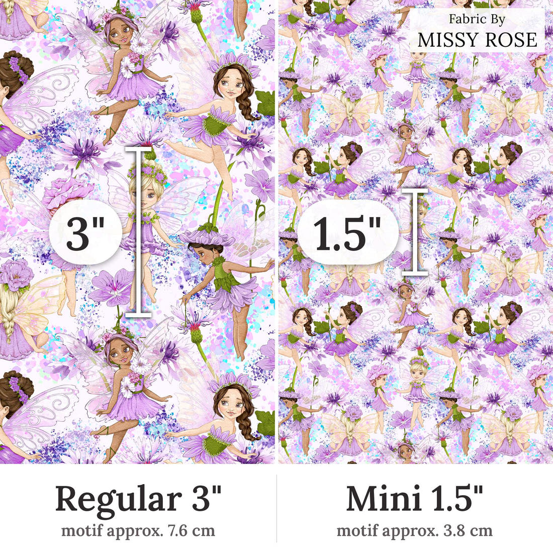 Design 128 Purple Fairy Fabric Regular 3 inch vs Mini 1.5 inch print scale side by side | Fabric by Missy Rose