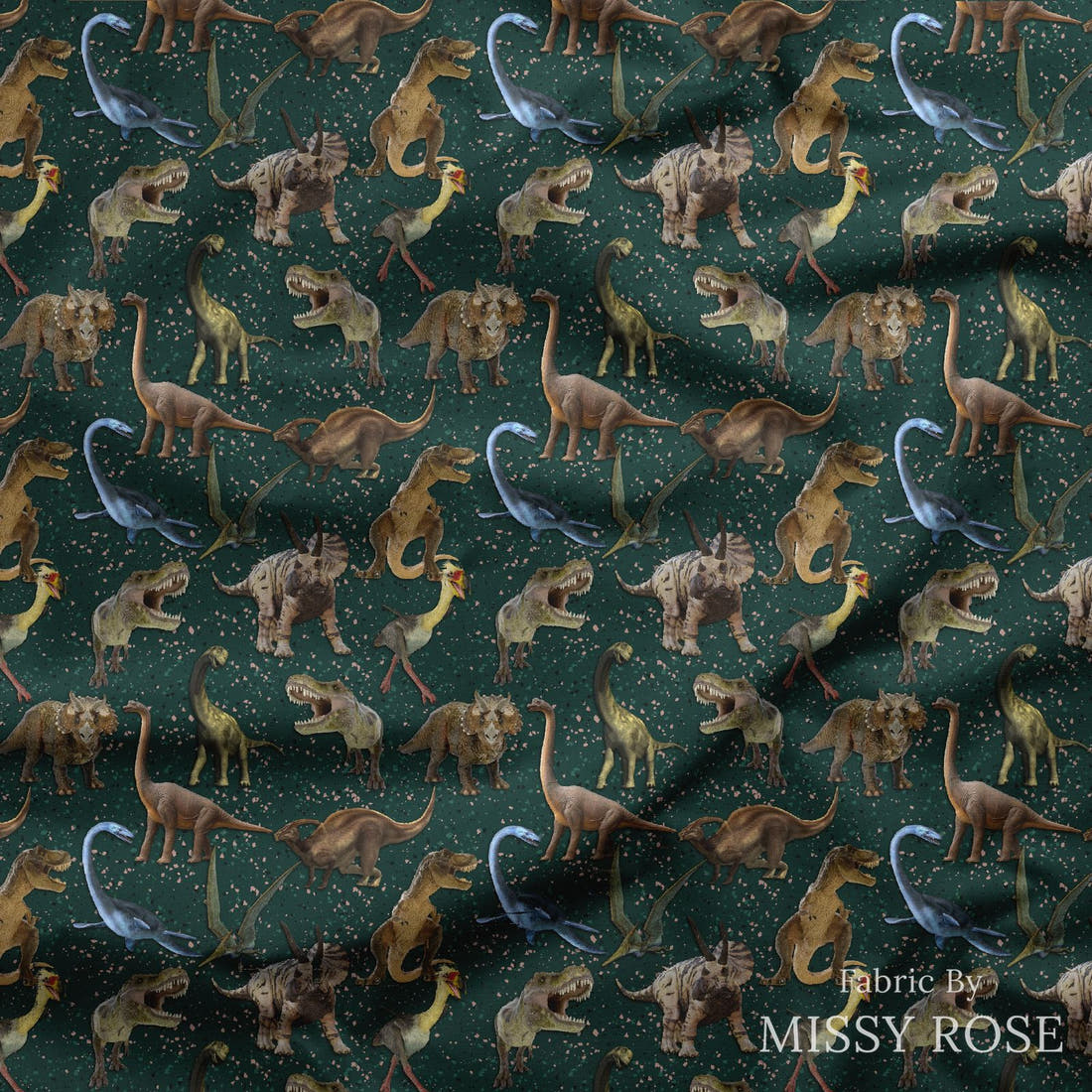 Design 129 Green Dinosaur Fabric draped fabric mockup – custom printed fabric by the metre | Fabric by Missy Rose
