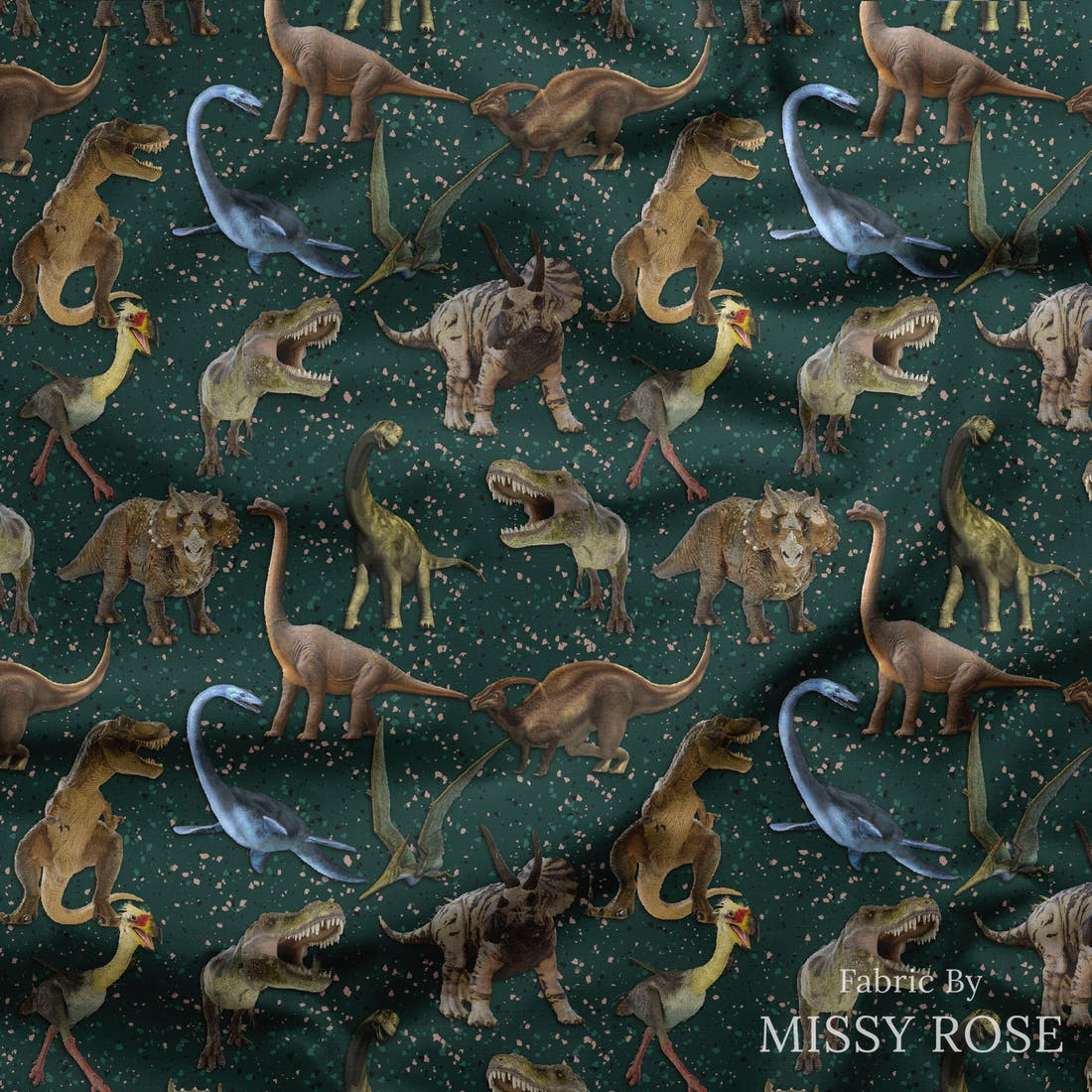 Design 129 Green Dinosaur Fabric draped fabric mockup – custom printed fabric by the metre | Fabric by Missy Rose