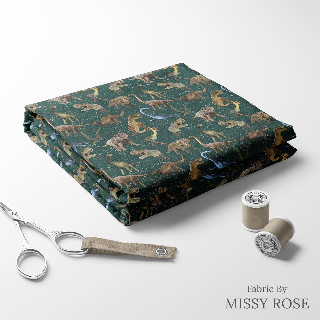 Design 129 Green Dinosaur Fabric folded fabric stack with matching thread – pre-order fabric Australia | Fabric by Missy Rose