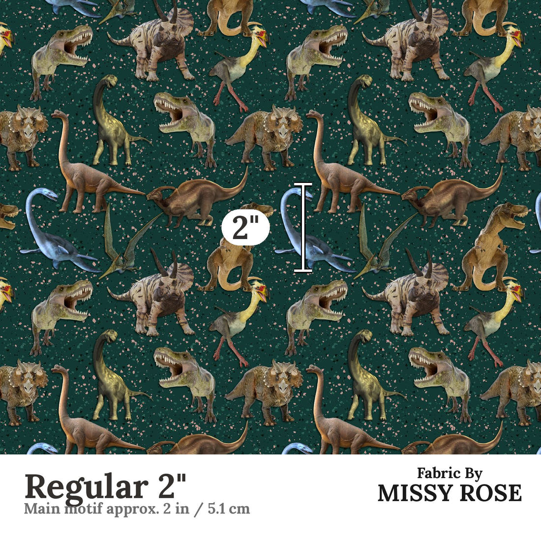 Design 129 Green Dinosaur Fabric Regular 2" - print scale | Fabric by Missy Rose