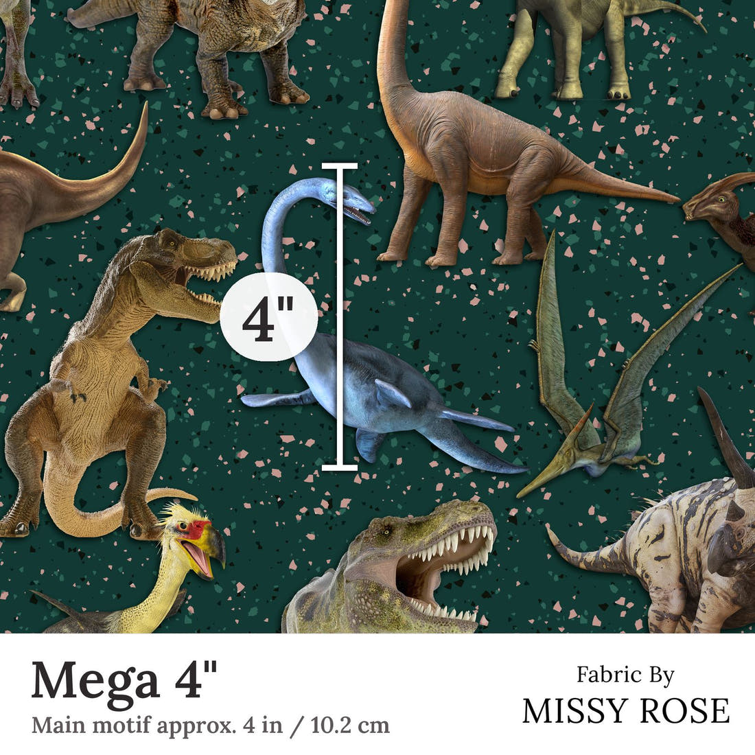 Design 129 Green Dinosaur Fabric Mega 4 inch print scale guide | Fabric by Missy Rose