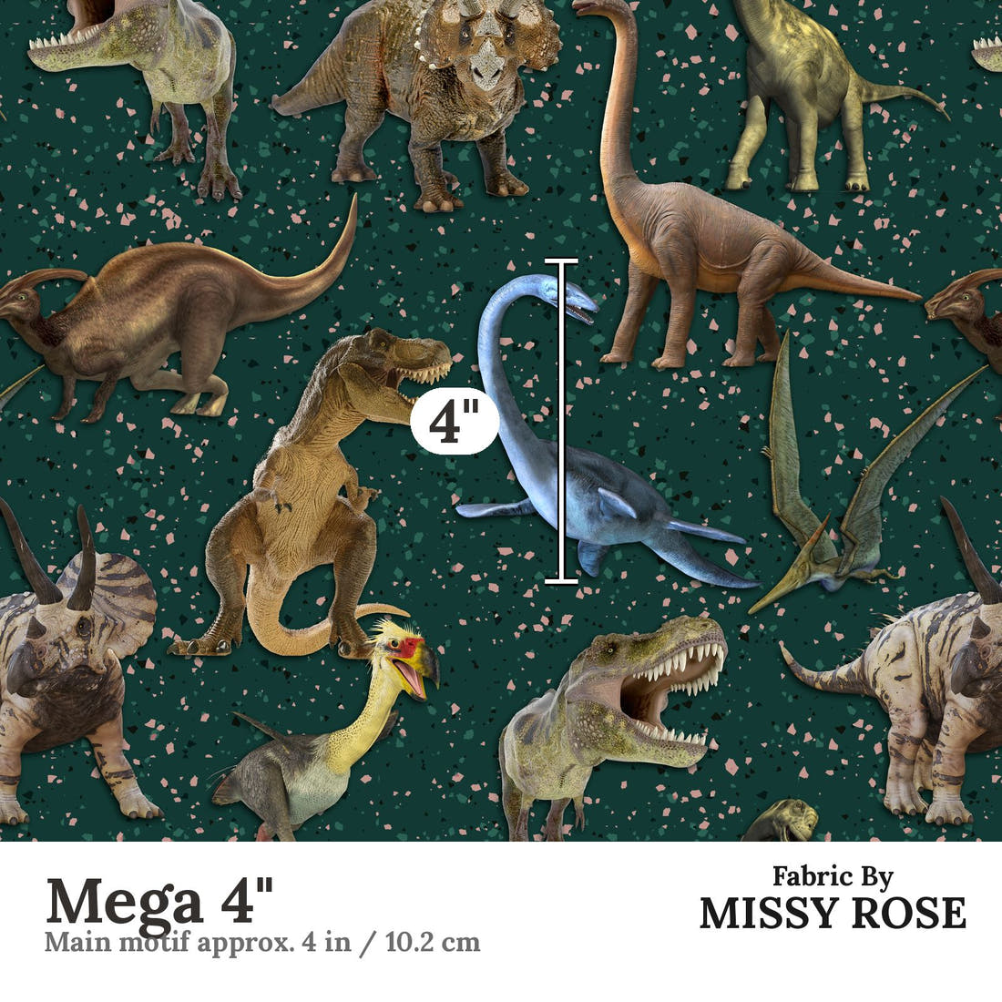 Design 129 Green Dinosaur Fabric Mega 4" - print scale | Fabric by Missy Rose