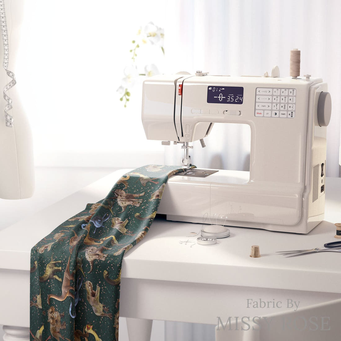 Design 129 Green Dinosaur Fabric on a sewing machine – premium fabric for sewing projects | Fabric by Missy Rose