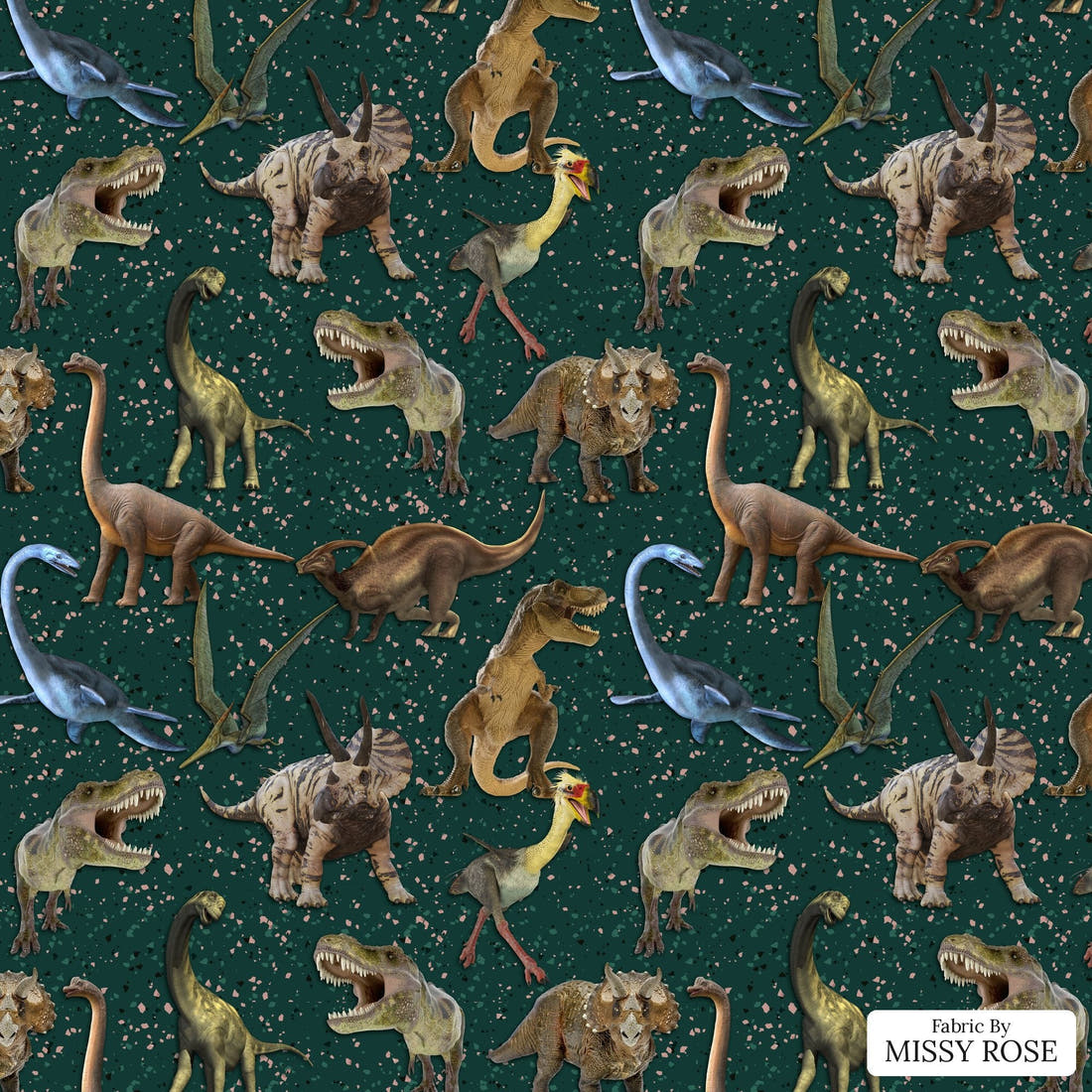 Design 129 Green Dinosaur Fabric - flat view of the print, zoom in for detail | Fabric by Missy Rose