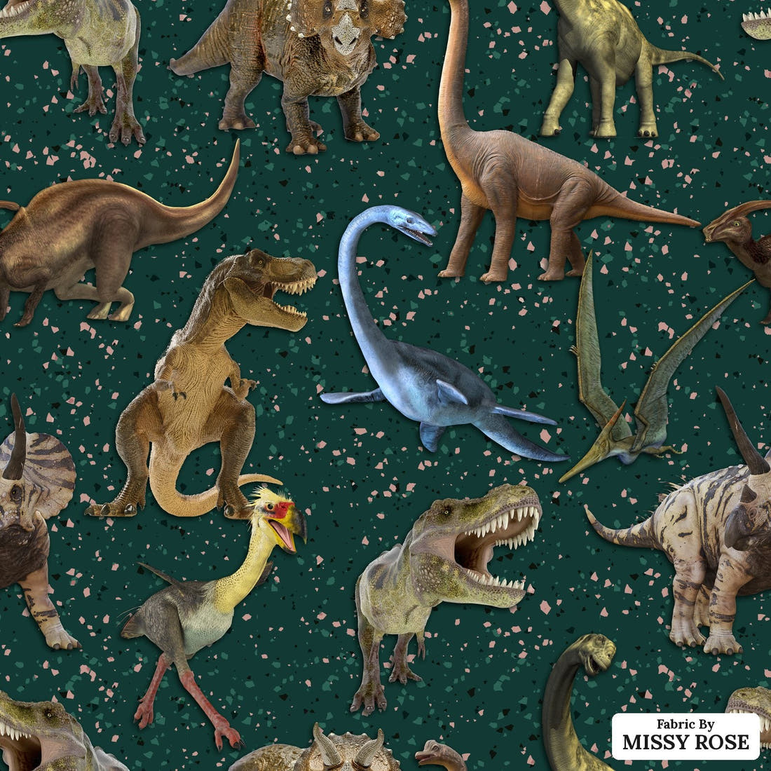 Design 129 Green Dinosaur Fabric - flat view of the print, zoom in for detail | Fabric by Missy Rose