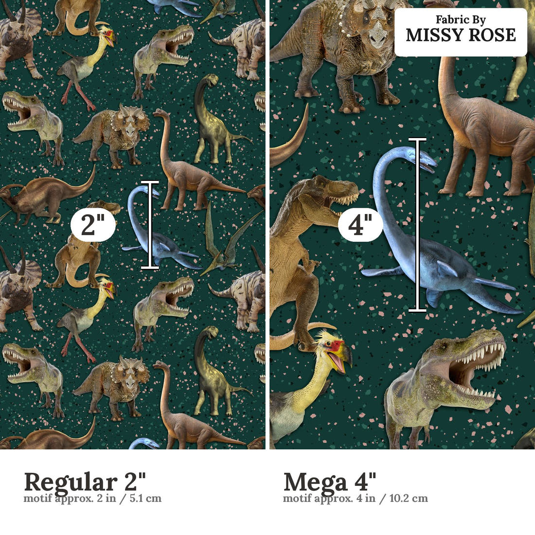 Design 129 Green Dinosaur Fabric size comparison - print scale | Fabric by Missy Rose