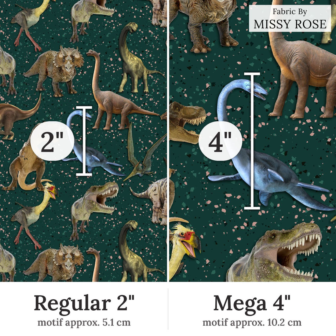 Design 129 Green Dinosaur Fabric Regular 2 inch vs Mega 4 inch print scale side by side | Fabric by Missy Rose