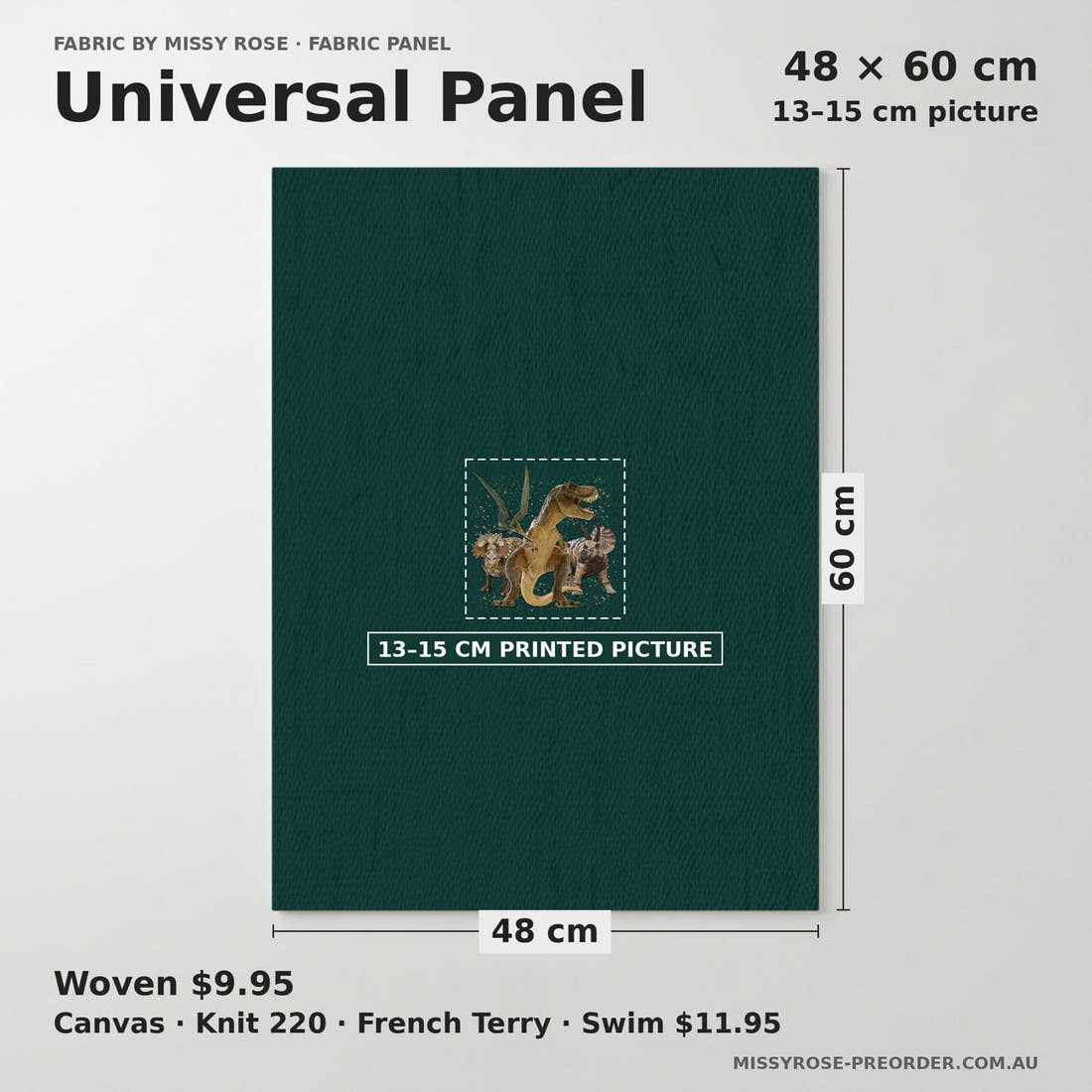 Design 129 Green Dinosaur Panel universal panel sizing – 13–15 cm printed picture on 48 × 60 cm fabric | Fabric by Missy Rose