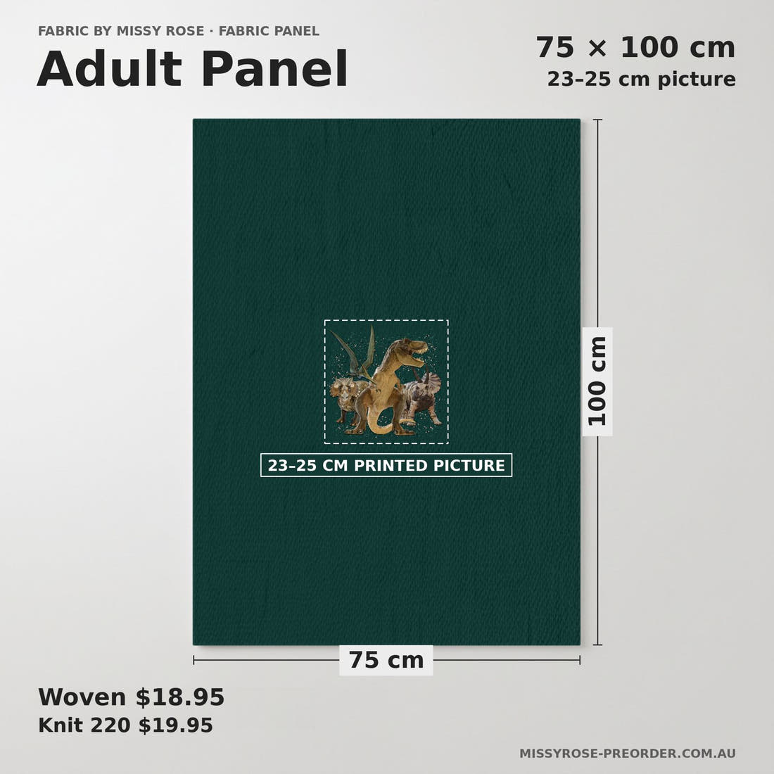 Design 129 Green Dinosaur Panel adult panel sizing – 23–25 cm printed picture on 75 × 100 cm fabric | Fabric by Missy Rose