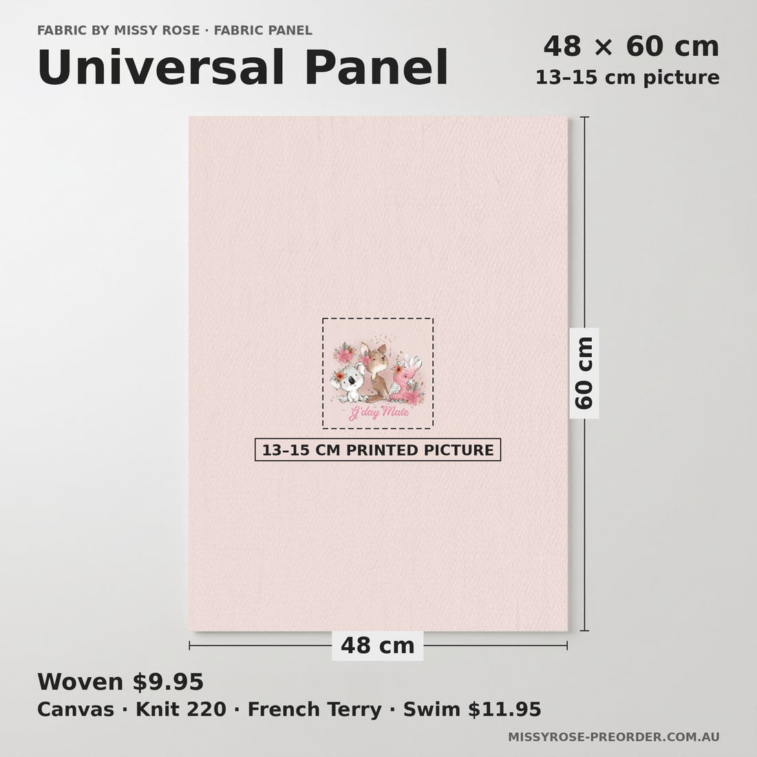 Design 13 Pink Australian Animals Panel universal panel sizing – 13–15 cm printed picture on 48 × 60 cm fabric | Fabric by Missy Rose