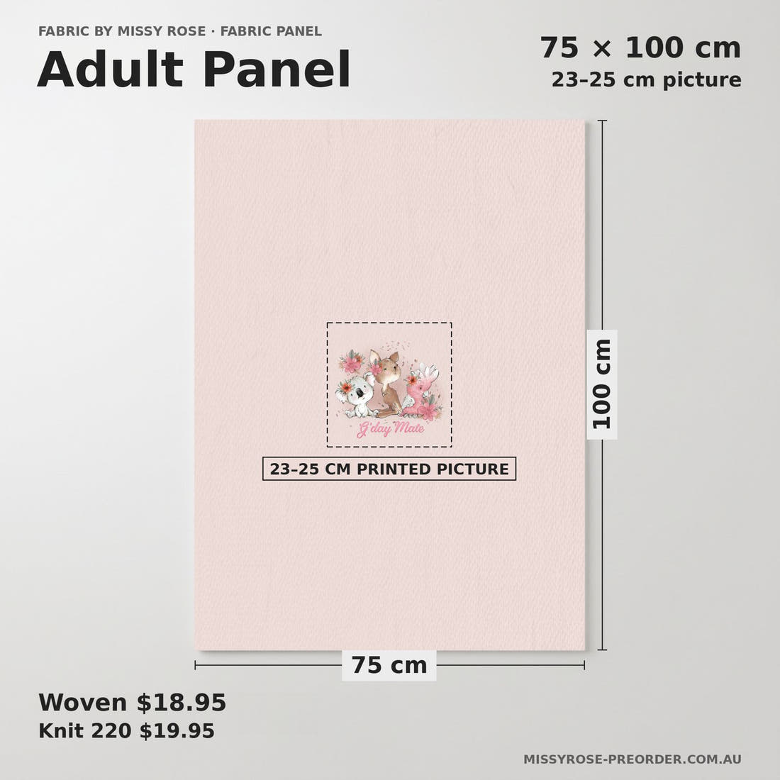 Design 13 Pink Australian Animals Panel adult panel sizing – 23–25 cm printed picture on 75 × 100 cm fabric | Fabric by Missy Rose