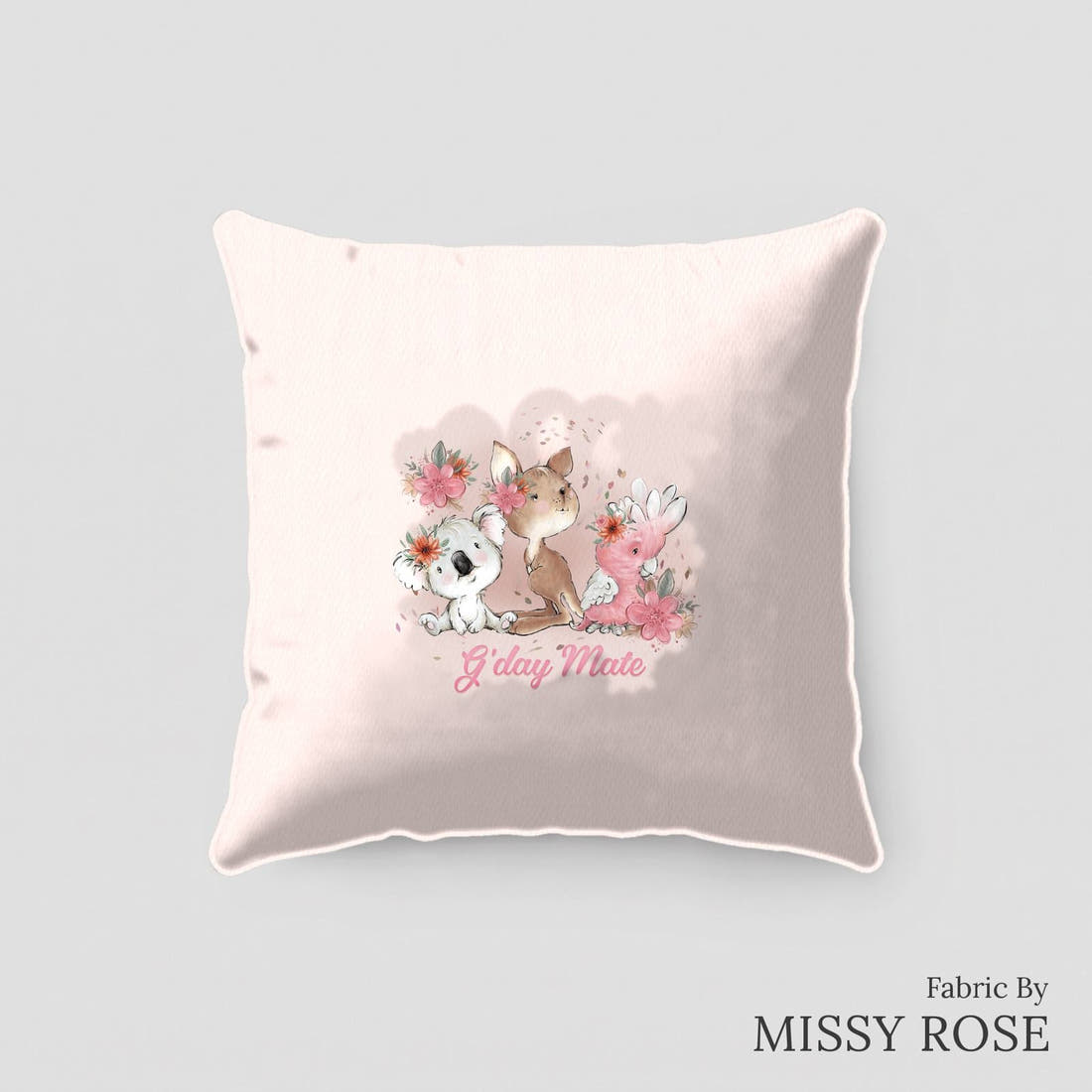 Design 13 Pink Australian Animals Panel sewn into a cushion – see how the panel looks made up | Fabric by Missy Rose