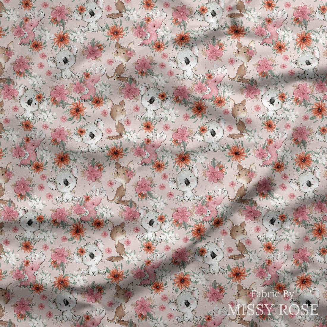 Design 13 Pink Australian Animals Fabric draped fabric mockup – custom printed fabric by the metre | Fabric by Missy Rose