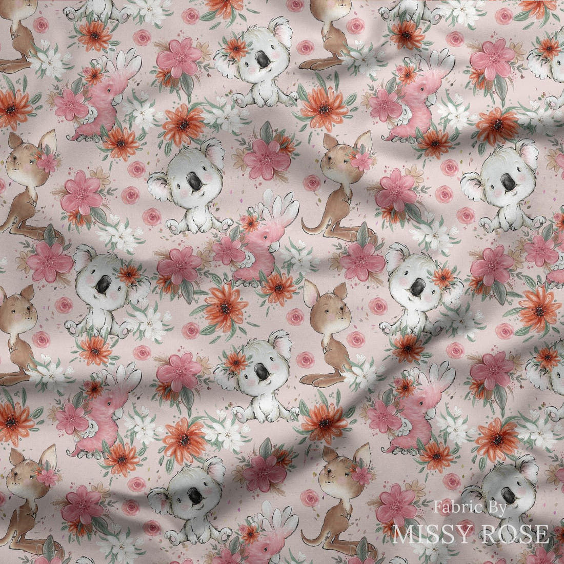 Design 13 Pink Australian Animals Fabric draped fabric mockup – custom printed fabric by the metre | Fabric by Missy Rose