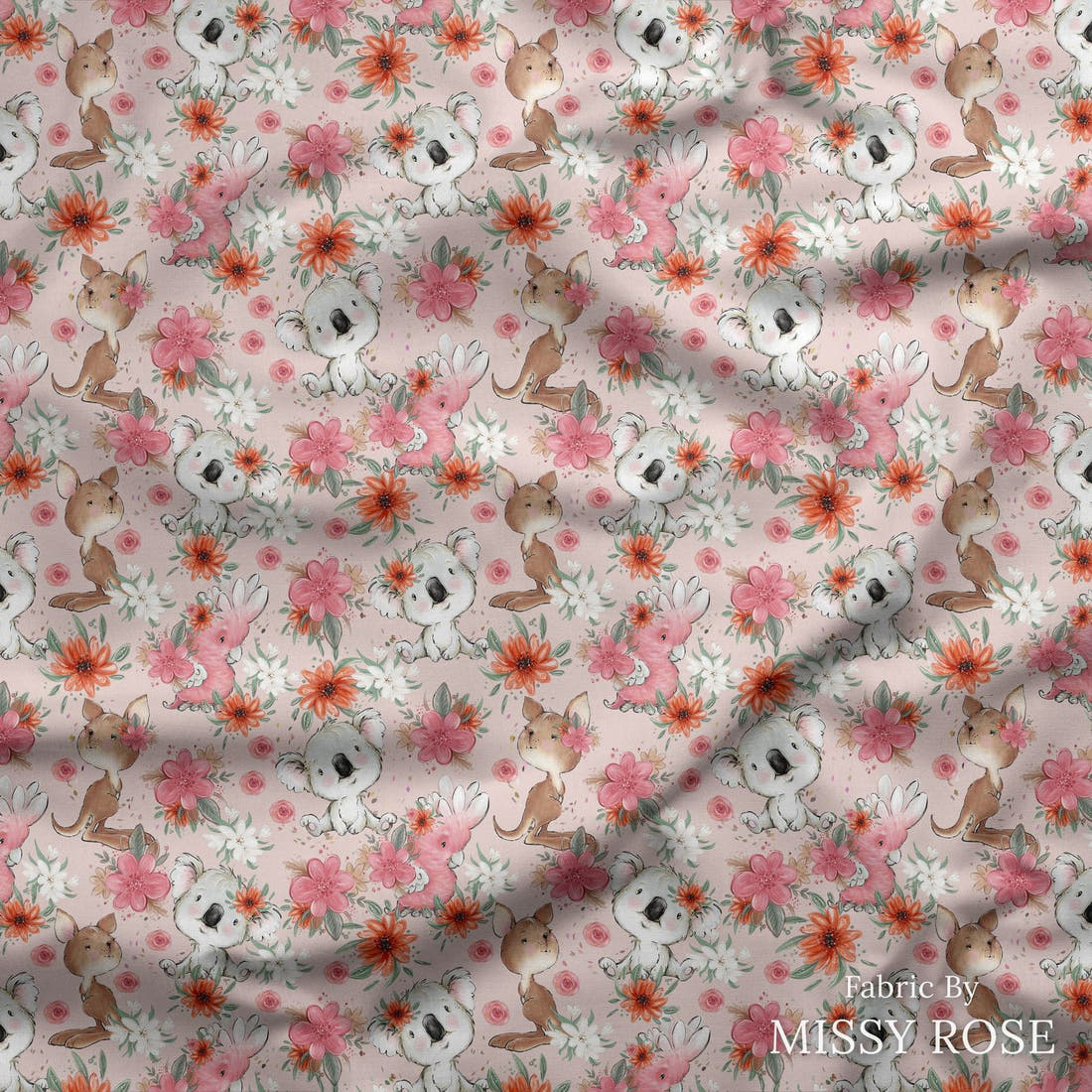 Design 13 Pink Australian Animals Fabric draped fabric mockup – custom printed fabric by the metre | Fabric by Missy Rose