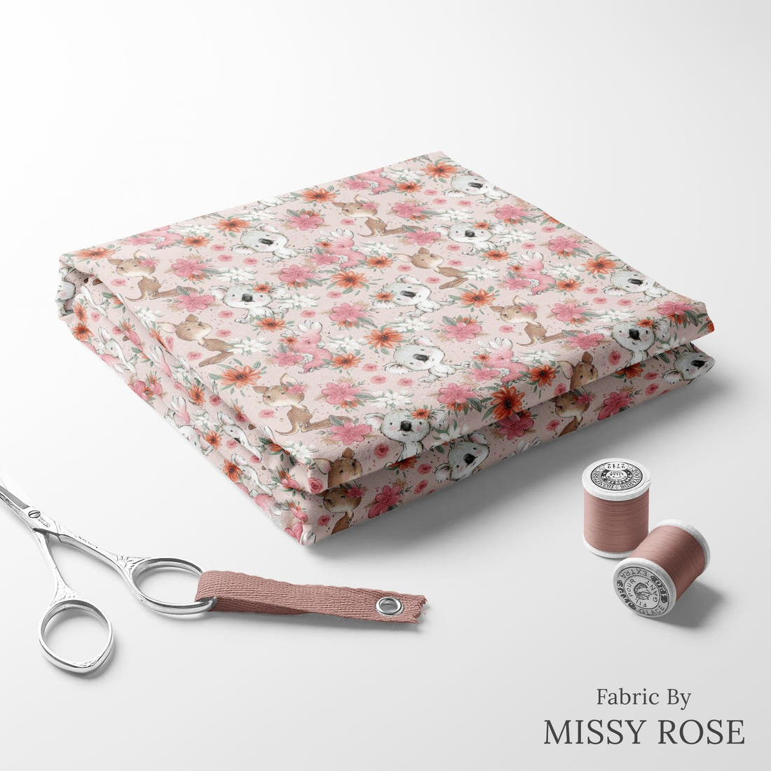 Design 13 Pink Australian Animals Fabric folded fabric stack with matching thread – pre-order fabric Australia | Fabric by Missy Rose