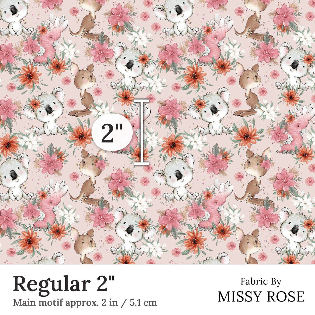 Design 13 Pink Australian Animals Fabric Regular 2 inch print scale guide | Fabric by Missy Rose