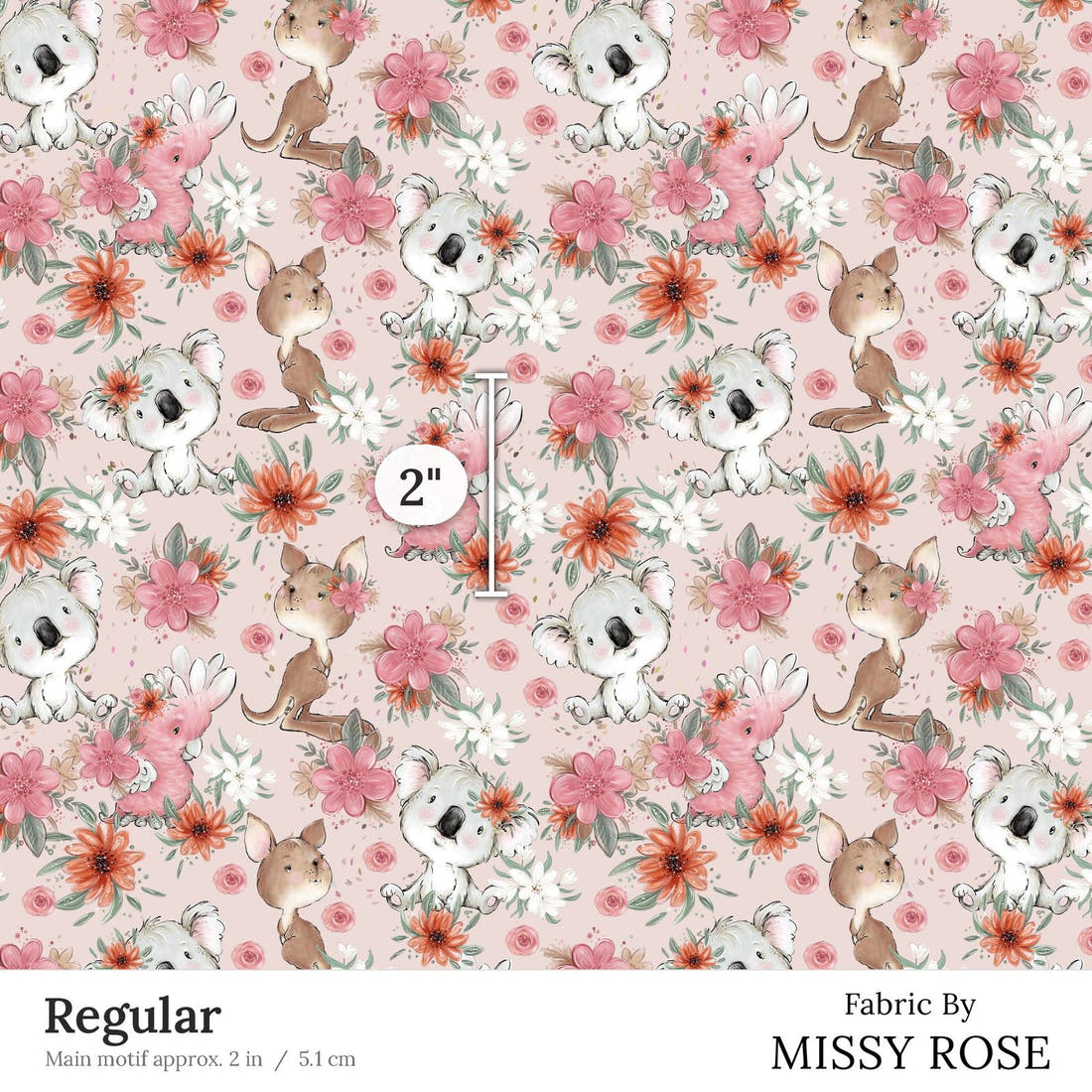Design 13 Pink Australian Animals Fabric Regular 2 inch print scale guide | Fabric by Missy Rose