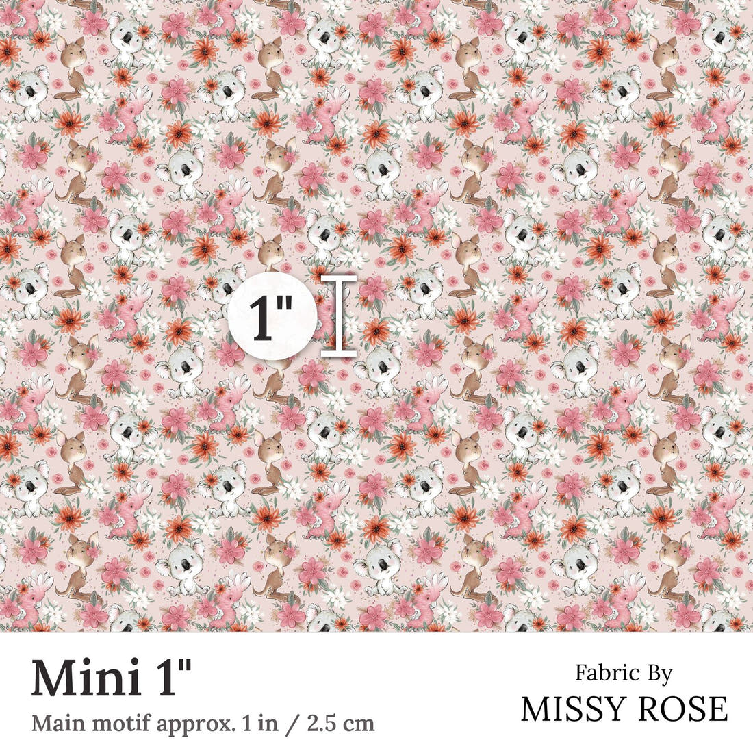 Design 13 Pink Australian Animals Fabric Mini 1 inch print scale guide | Fabric by Missy Rose