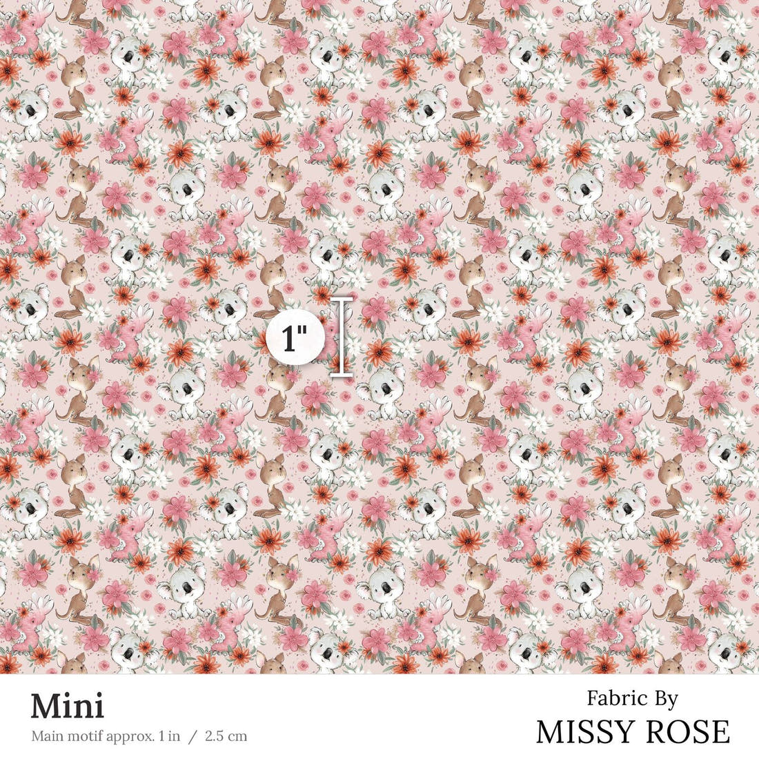 Design 13 Pink Australian Animals Fabric Mini 1 inch print scale guide | Fabric by Missy Rose