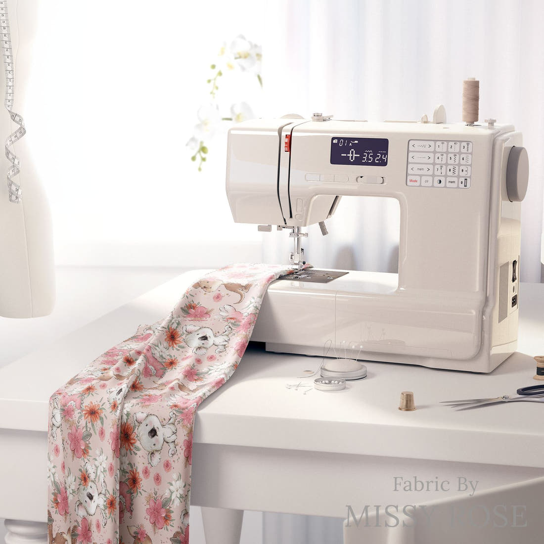Design 13 Pink Australian Animals Fabric on a sewing machine – premium fabric for sewing projects | Fabric by Missy Rose