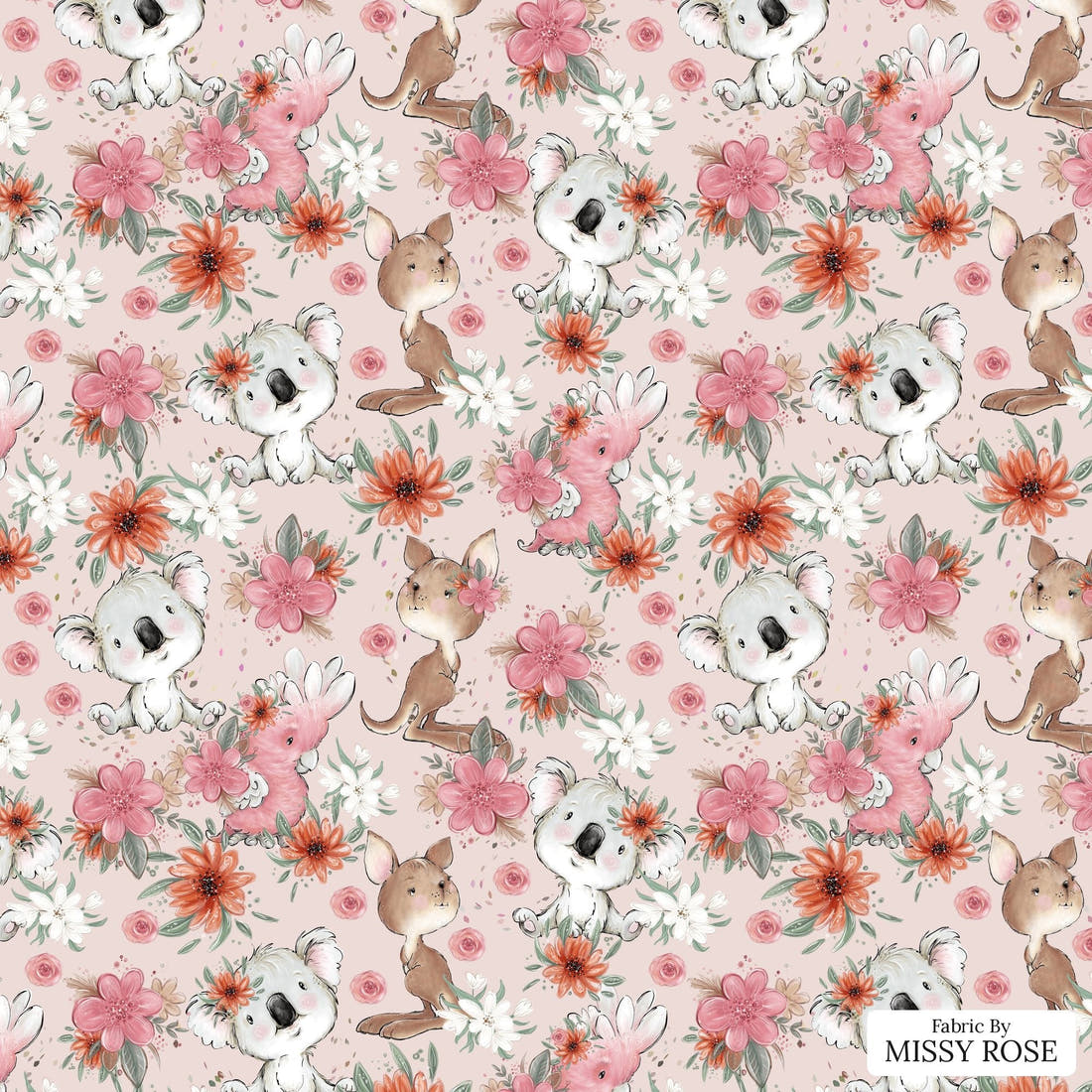 Design 13 Pink Australian Animals Fabric - flat view of the print, zoom in for detail | Fabric by Missy Rose