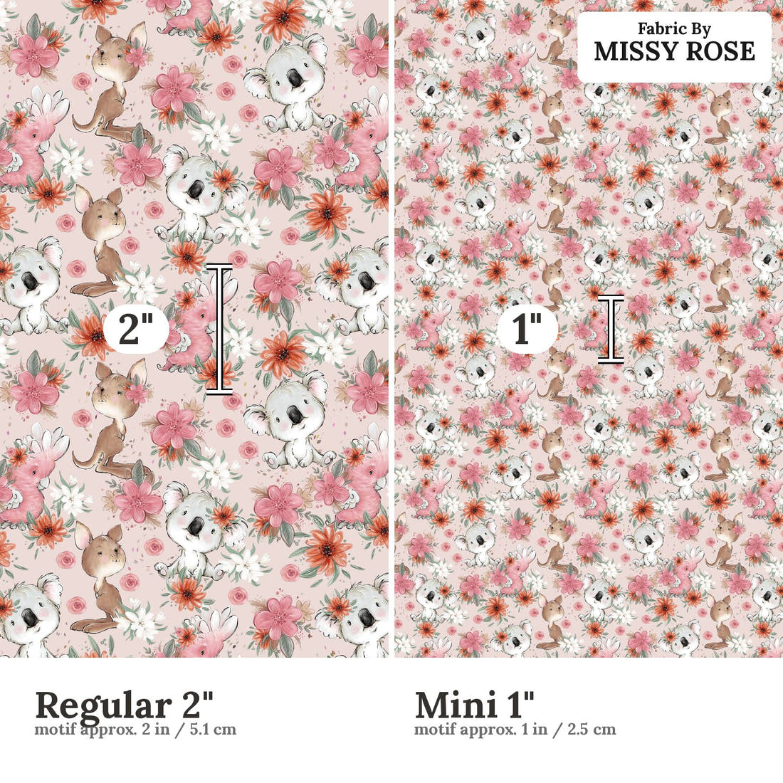 Design 13 Pink Australian Animals Fabric size comparison - print scale | Fabric by Missy Rose