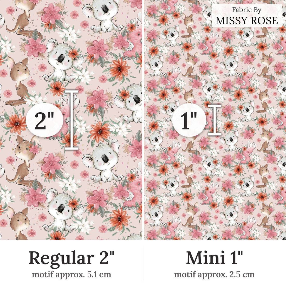 Design 13 Pink Australian Animals Fabric Regular 2 inch vs Mini 1 inch print scale side by side | Fabric by Missy Rose