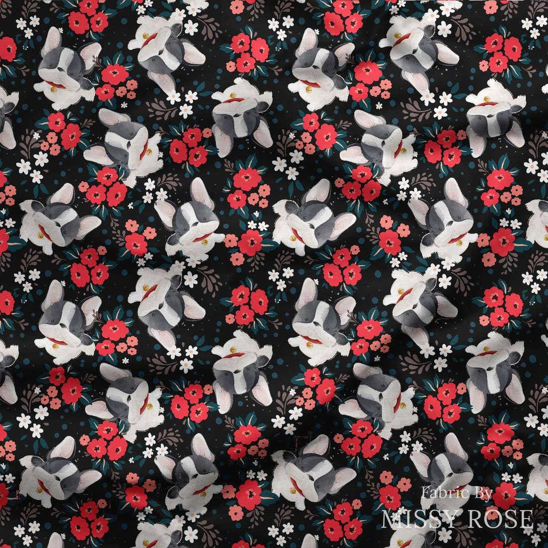 Design 130 Black Frenchie Fabric draped fabric mockup – custom printed fabric by the metre | Fabric by Missy Rose