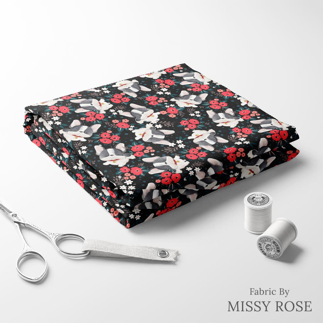 Design 130 Black Frenchie Fabric folded fabric stack with matching thread – pre-order fabric Australia | Fabric by Missy Rose