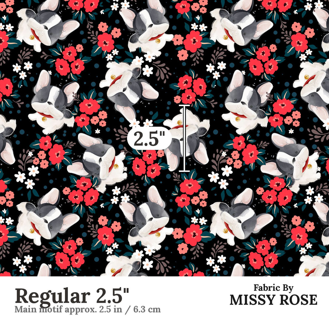 Design 130 Black Frenchie Fabric Regular 2.5" - print scale | Fabric by Missy Rose