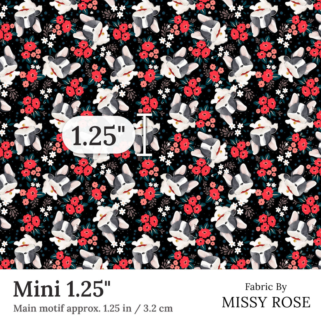 Design 130 Black Frenchie Fabric Mini 1.25 inch print scale guide | Fabric by Missy Rose