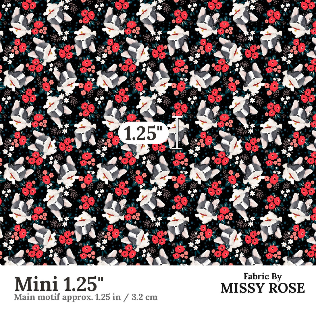 Design 130 Black Frenchie Fabric Mini 1.25" - print scale | Fabric by Missy Rose