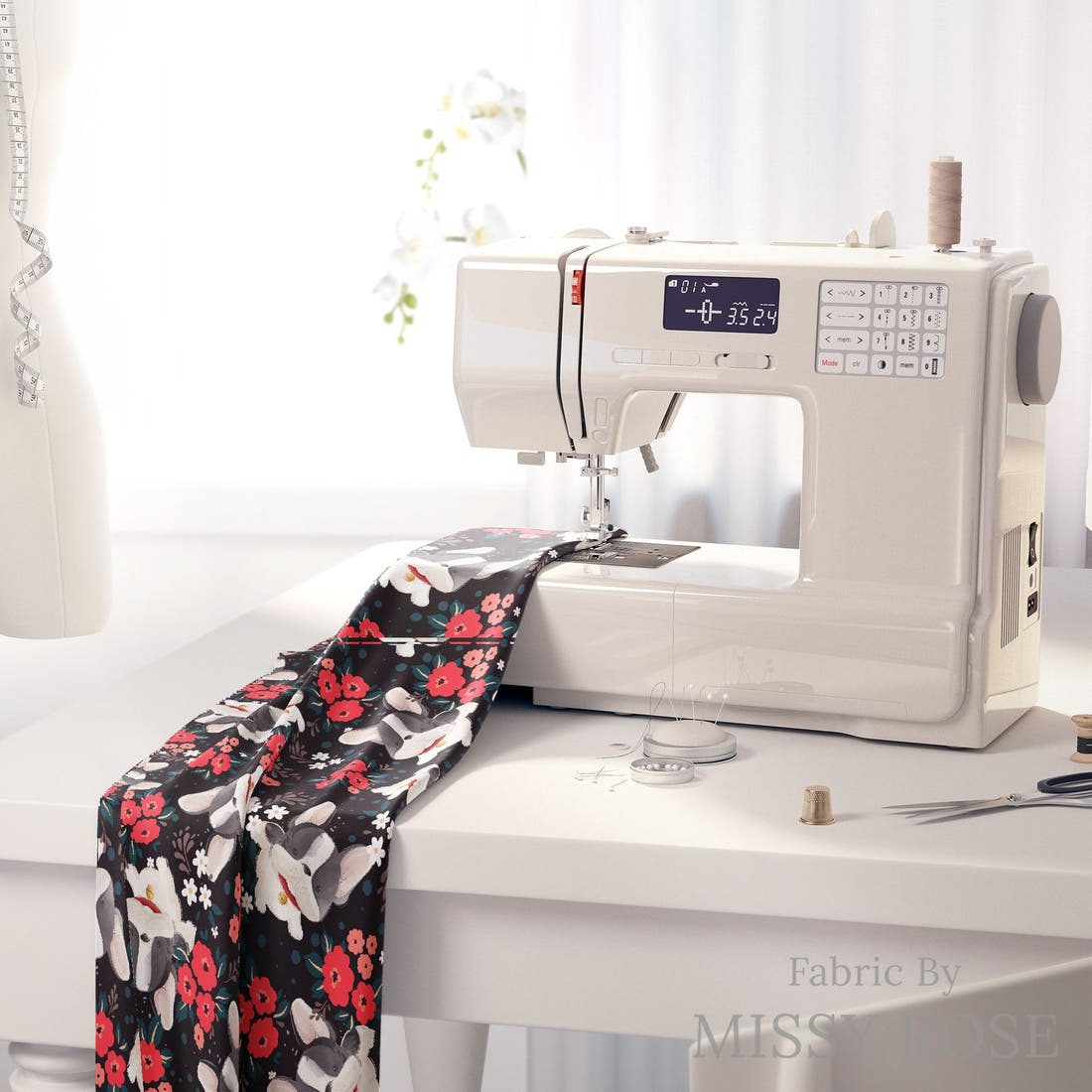 Design 130 Black Frenchie Fabric on a sewing machine – premium fabric for sewing projects | Fabric by Missy Rose