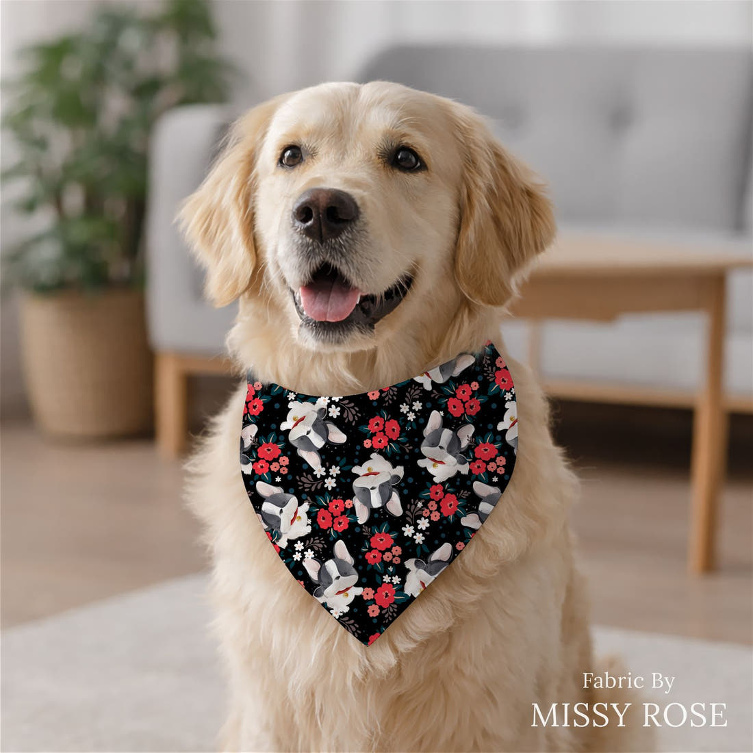 Design 130 Black Frenchie Fabric sewn into a dog bandana – see how the print looks made up | Fabric by Missy Rose