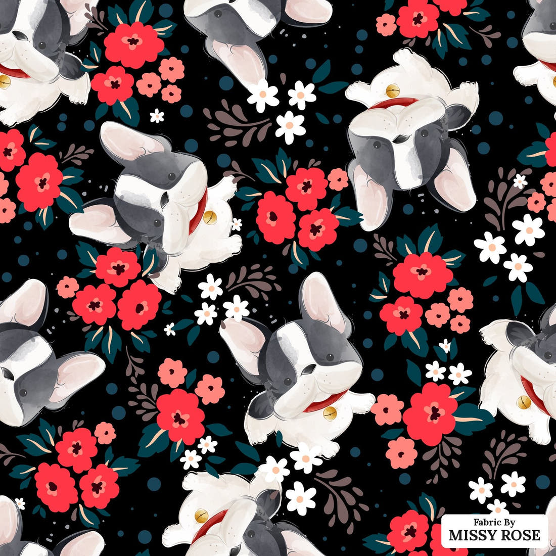 Design 130 Black Frenchie Fabric - flat view of the print, zoom in for detail | Fabric by Missy Rose