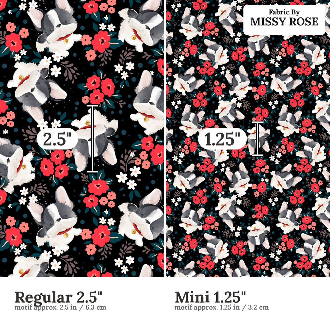 Design 130 Black Frenchie Fabric size comparison - print scale | Fabric by Missy Rose