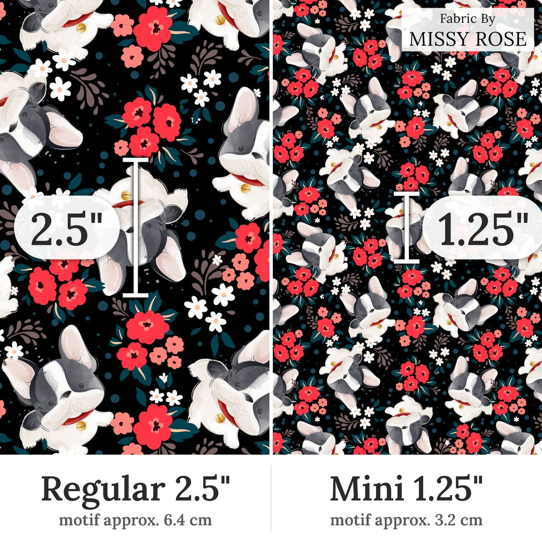 Design 130 Black Frenchie Fabric Regular 2.5 inch vs Mini 1.25 inch print scale side by side | Fabric by Missy Rose