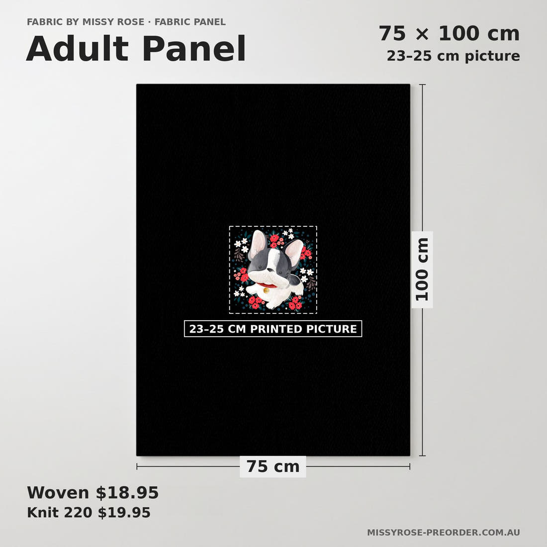Design 130 Black Frenchie Panel adult panel sizing – 23–25 cm printed picture on 75 × 100 cm fabric | Fabric by Missy Rose