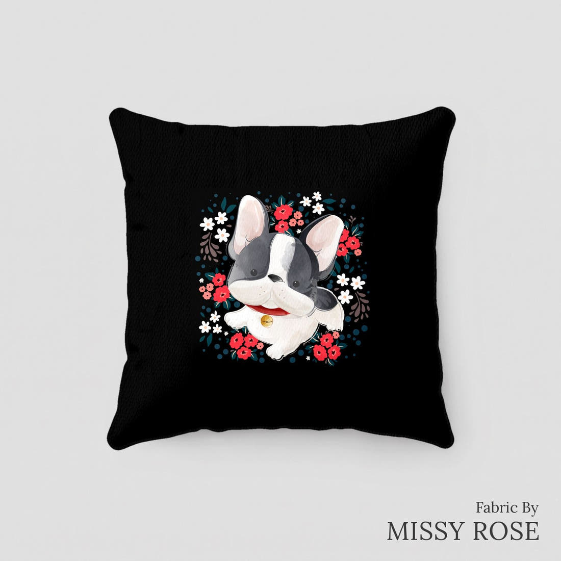 Design 130 Black Frenchie Panel sewn into a cushion – see how the panel looks made up | Fabric by Missy Rose