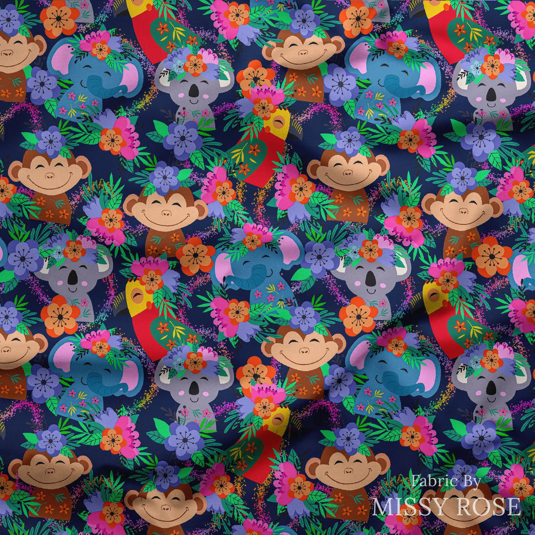 Design 131 Navy Jungle Animals Fabric draped fabric mockup – custom printed fabric by the metre | Fabric by Missy Rose