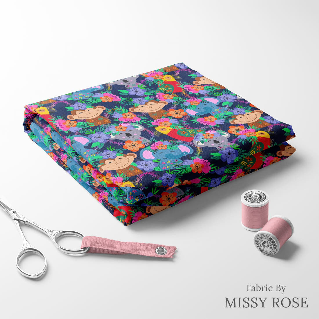 Design 131 Navy Jungle Animals Fabric folded fabric stack with matching thread – pre-order fabric Australia | Fabric by Missy Rose