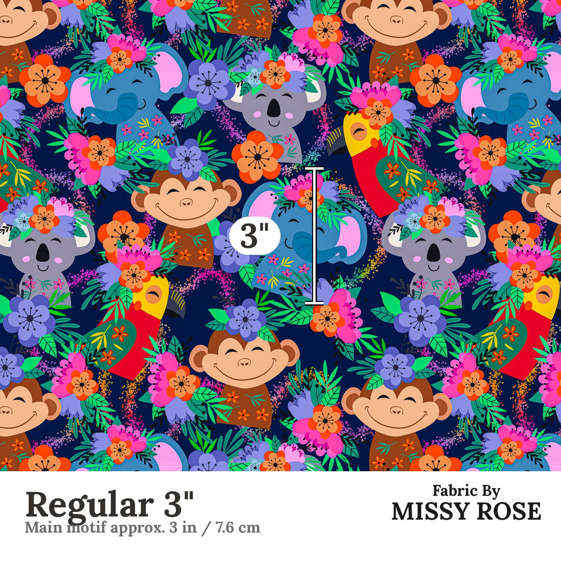 Design 131 Navy Jungle Animals Fabric Regular 3" - print scale | Fabric by Missy Rose