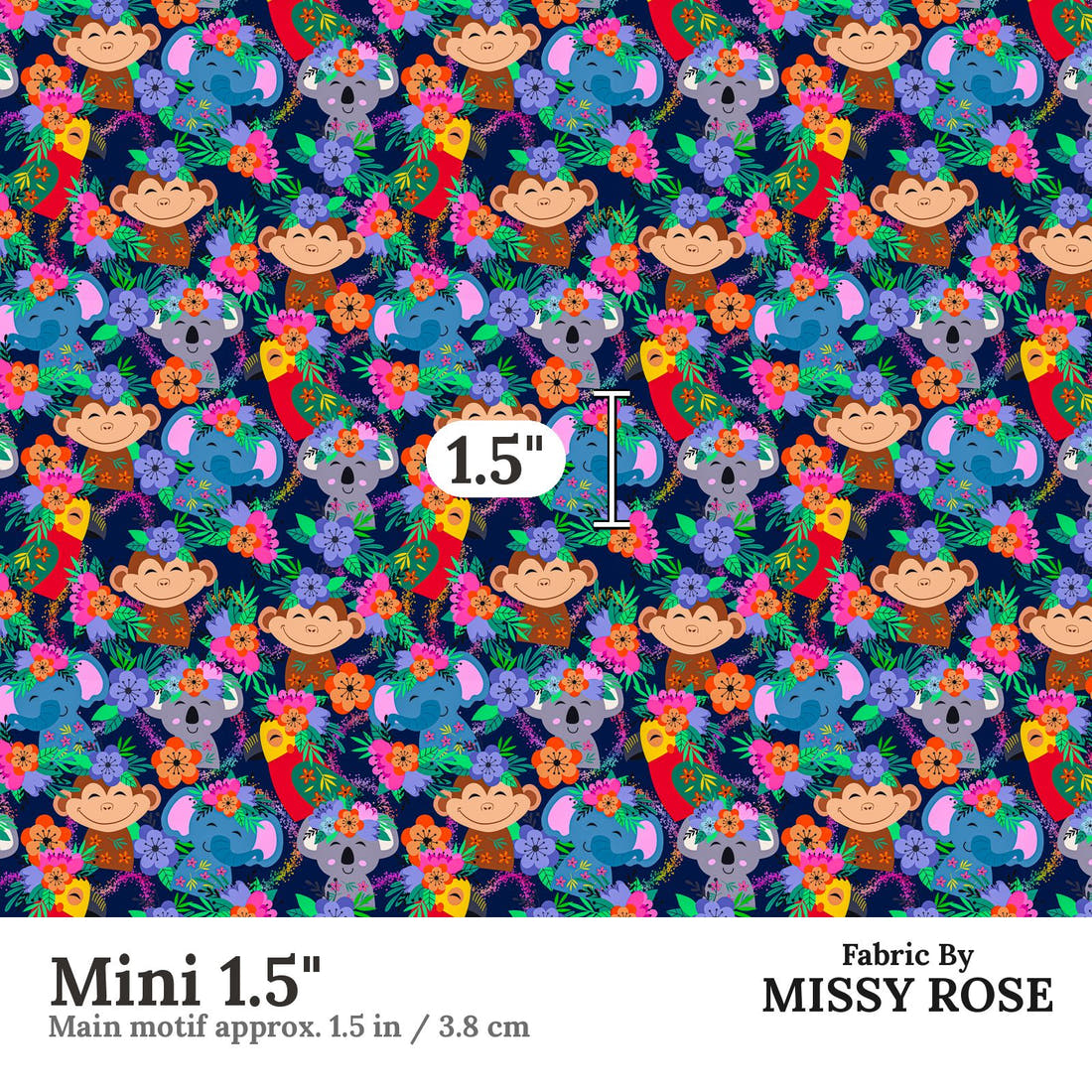 Design 131 Navy Jungle Animals Fabric Mini 1.5" - print scale | Fabric by Missy Rose