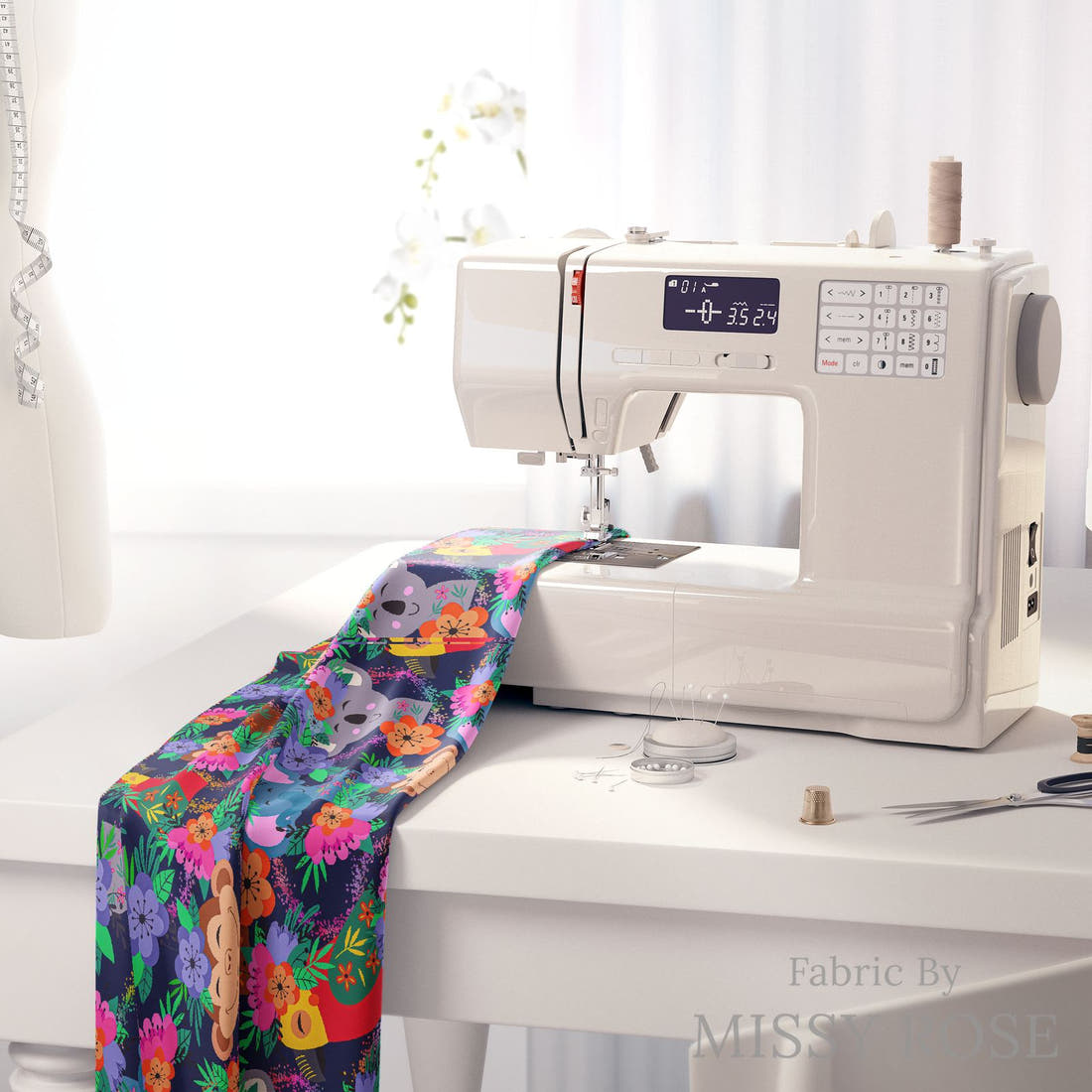 Design 131 Navy Jungle Animals Fabric on a sewing machine – premium fabric for sewing projects | Fabric by Missy Rose
