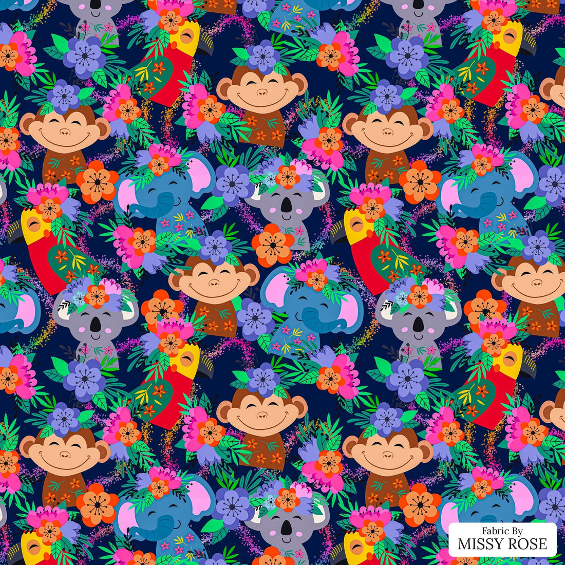 Design 131 Navy Jungle Animals Fabric - flat view of the print, zoom in for detail | Fabric by Missy Rose