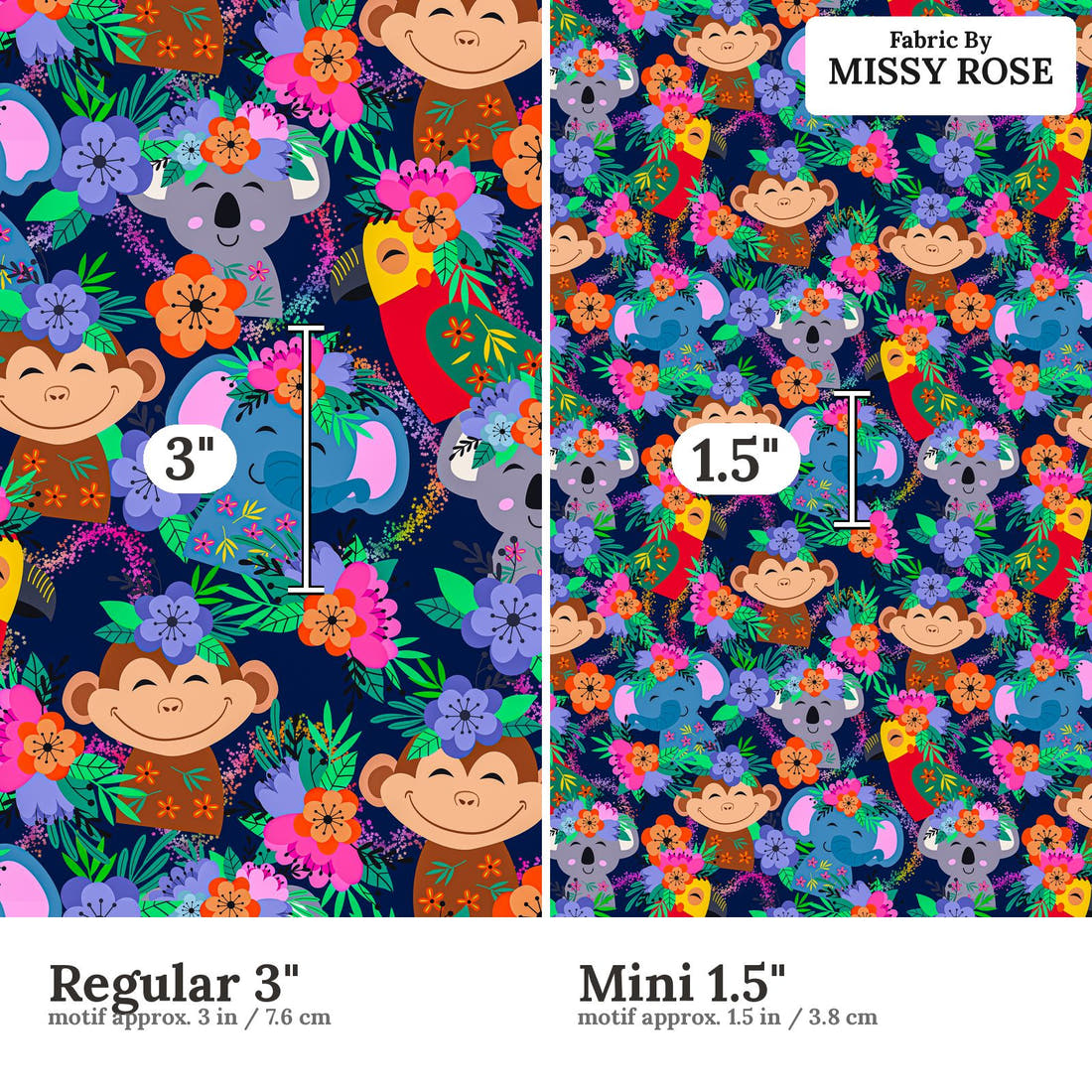 Design 131 Navy Jungle Animals Fabric size comparison - print scale | Fabric by Missy Rose
