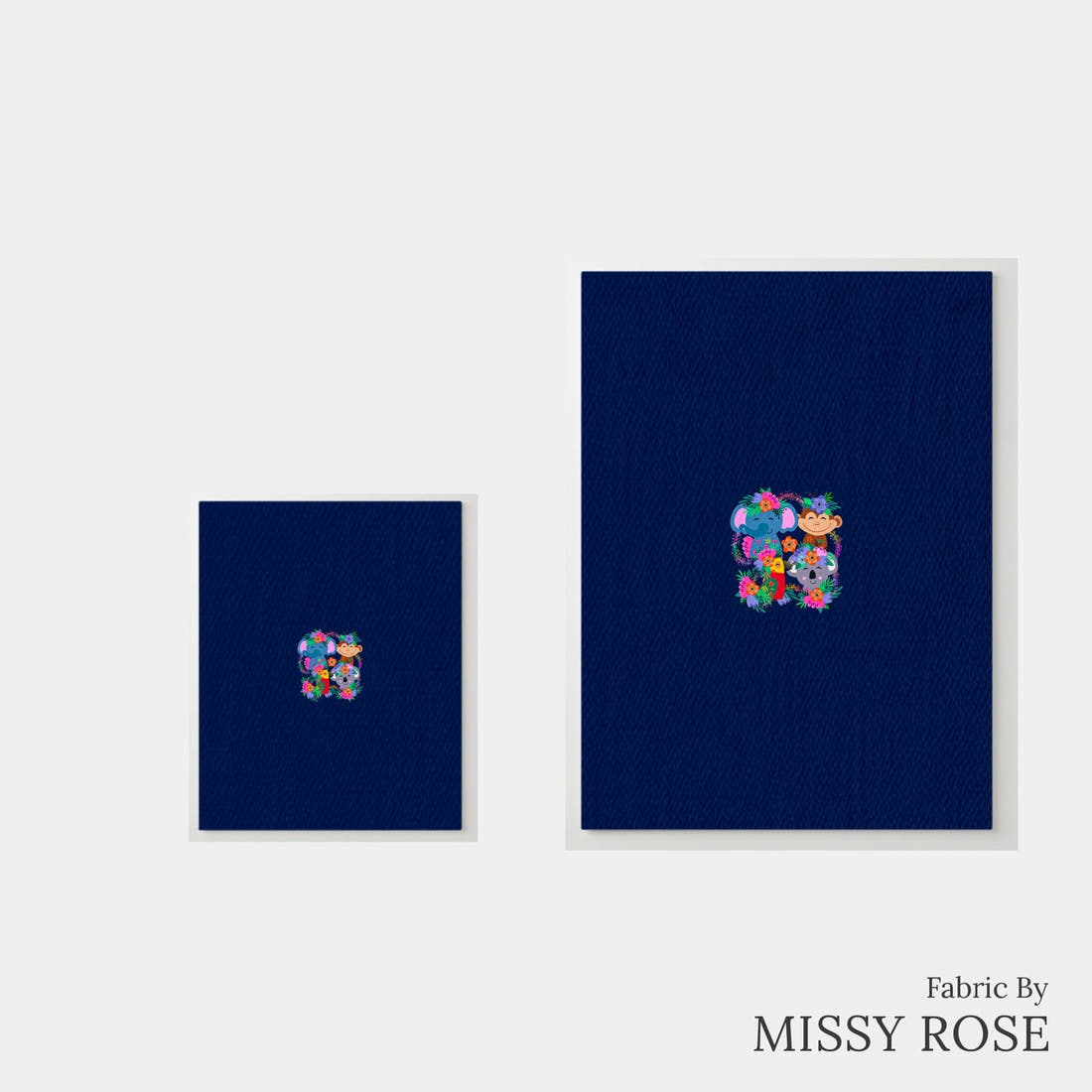 Design 131 Navy Jungle Animals Panel – universal and adult panel sizes side by side | Fabric by Missy Rose