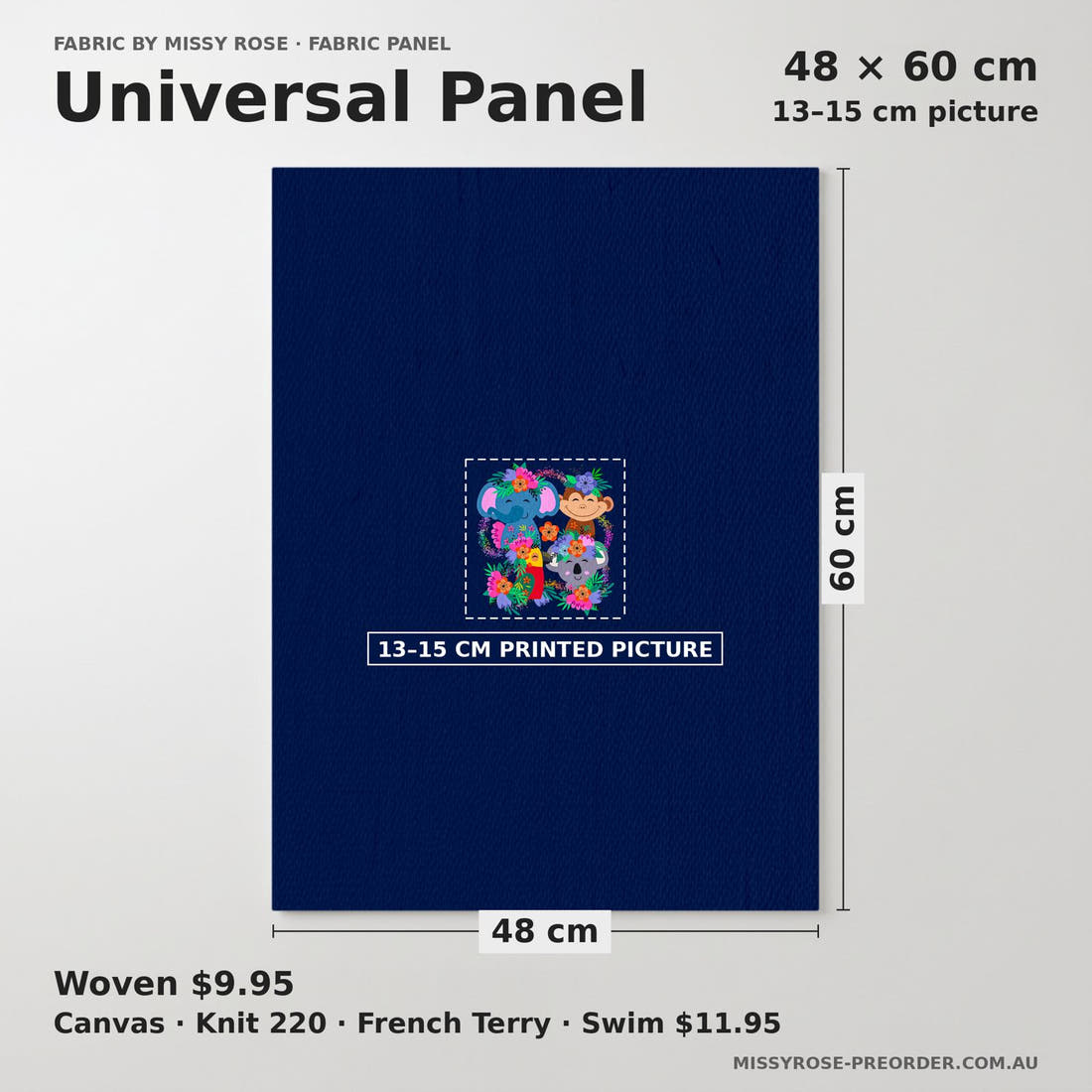 Design 131 Navy Jungle Animals Panel universal panel sizing – 13–15 cm printed picture on 48 × 60 cm fabric | Fabric by Missy Rose
